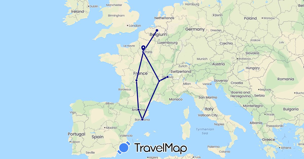 TravelMap itinerary: driving in Andorra, Belgium, Switzerland, Spain, France (Europe)